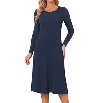 Women's Knit Dress Long Sleeve U Neck Pullover A Line Fall Winter Trendy Midi Dress