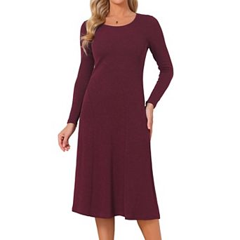 Women's Knit Dress Long Sleeve U Neck Pullover A Line Fall Winter Trendy Midi Dress