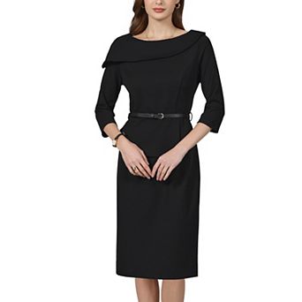 Women's 3/4 Sleeve Pencil Dress Lapel Boat Neck Office Work Knee Length Dresses with Belted