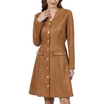 Women's Faux Suede Dress Button Down V Neck Long Sleeve Vintage Trendy A Line Dresses
