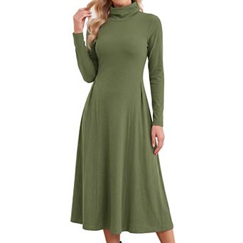 Women's Sweater Dress Turtleneck Long Sleeve A Line Flare Ribbed Knit Maxi Dresses