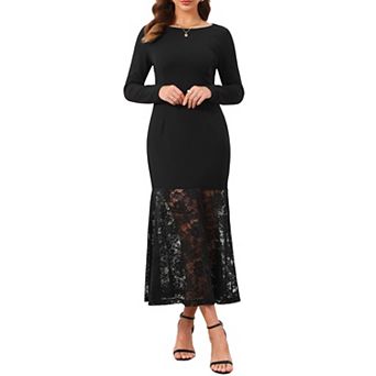 Women's Lace Dress Formal Fishtail Boat Neck Long Sleeve Wedding Guest Evening Dress