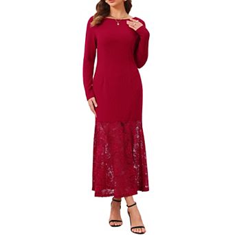 Women's Lace Dress Formal Fishtail Boat Neck Long Sleeve Wedding Guest Evening Dress