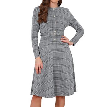 Plaid Dress for Women Vintage Long Sleeve Crew Neck A Line Houndstooth Work Dress with Belt