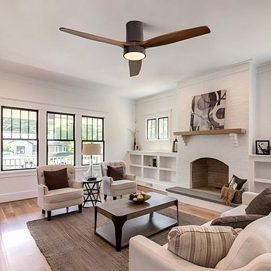 52 Inch Flush Mount Ceiling Fan with LED Light and Remote Control Solid Wood Blades