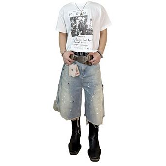 Men's Carpenter Denim Shorts, Vintage Washed with Paint Splatter & Frayed Hem