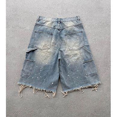 Men's Carpenter Denim Shorts, Vintage Washed with Paint Splatter & Frayed Hem