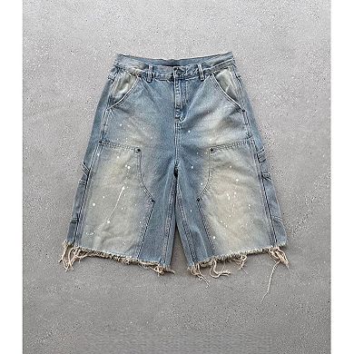 Men's Carpenter Denim Shorts, Vintage Washed with Paint Splatter & Frayed Hem