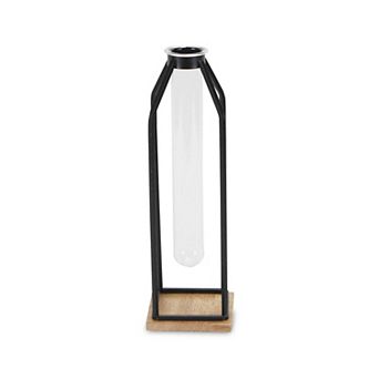 HomeRoots 12" Black Clear And Natural Metal Glass And Wood Posy Test Tube Table Vase