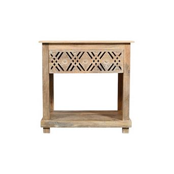 HomeRoots 28" Natural Solid Wood Carved Geometric One Drawer Nightstand