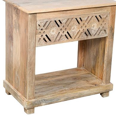 HomeRoots 28" Natural Solid Wood Carved Geometric One Drawer Nightstand