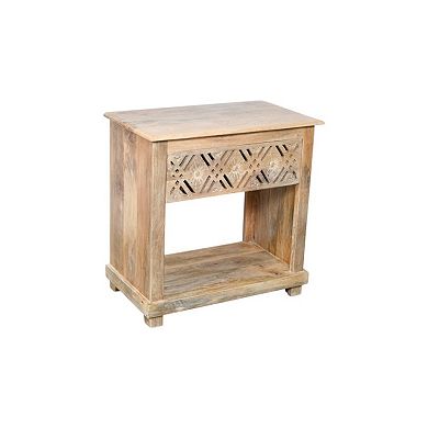 HomeRoots 28" Natural Solid Wood Carved Geometric One Drawer Nightstand