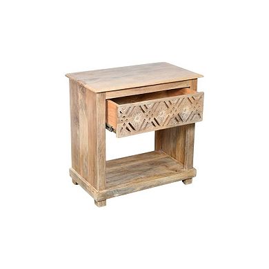 HomeRoots 28" Natural Solid Wood Carved Geometric One Drawer Nightstand