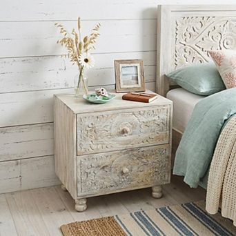 HomeRoots 24" Natural And White Solid Wood Carved Scrollwork Two Drawer Nightstand