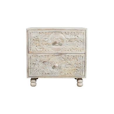 HomeRoots 24" Natural And White Solid Wood Carved Scrollwork Two Drawer Nightstand