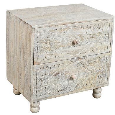 HomeRoots 24" Natural And White Solid Wood Carved Scrollwork Two Drawer Nightstand