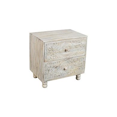 HomeRoots 24" Natural And White Solid Wood Carved Scrollwork Two Drawer Nightstand