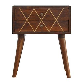 HomeRoots 22" Chestnut Solid Wood Geometric Brass Inlay Two Drawer Nightstand