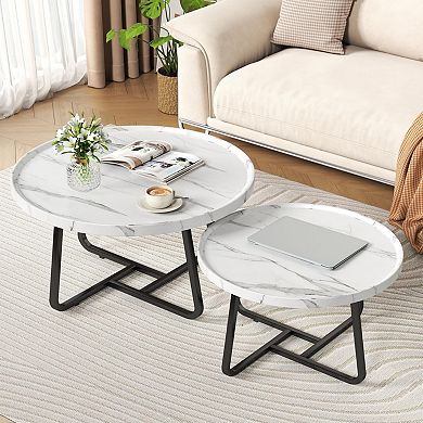 Round Nesting Coffee Table Set of 2, Tea Table for Small Spaces, Circle Wood Center Table