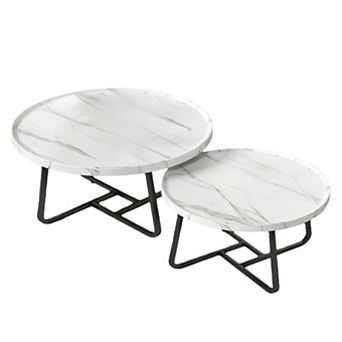 Round Nesting Coffee Table Set of 2, Tea Table for Small Spaces, Circle Wood Center Table