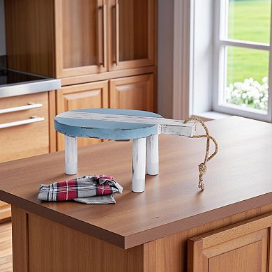 HomeRoots 10" Blue And White Solid Wood Handmade Round Riser