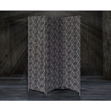 HomeRoots 71" Black and White Fabric Folding Three Panel Screen Room Divider