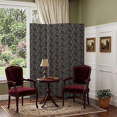 HomeRoots 71" Black and White Fabric Folding Three Panel Screen Room Divider