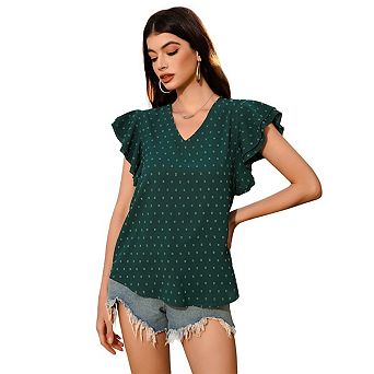Blueming Women's Top Short Sleeve V Neck Ruffled Sleeve Jacquard Loose Casual Pullover