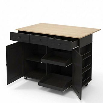 47.2" Mobile Kitchen Island with Drop Leaf Countertop, Charging Station, Storage, Towel Rack
