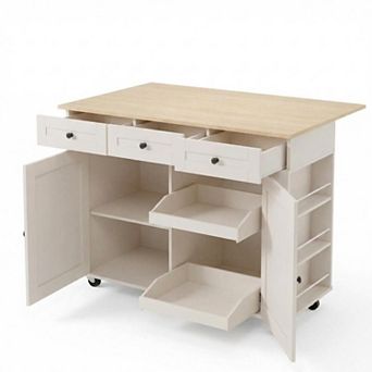47.2" Mobile Kitchen Island with Drop Leaf Countertop, Charging Station, Storage, Towel Rack