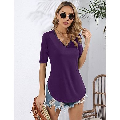 Blueming Women's Top Short Sleeve V Neck Lace Trim Neckline Slim Casual Commute Pullover