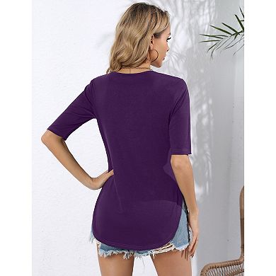Blueming Women's Top Short Sleeve V Neck Lace Trim Neckline Slim Casual Commute Pullover