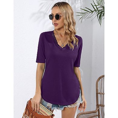 Blueming Women's Top Short Sleeve V Neck Lace Trim Neckline Slim Casual Commute Pullover