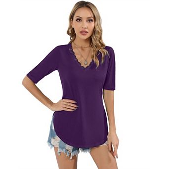 Blueming Women's Top Short Sleeve V Neck Lace Trim Neckline Slim Casual Commute Pullover