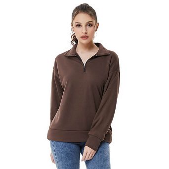 Blueming Women Long Sleeve Half Zip Stand Collar Casual Loose Fit Tops