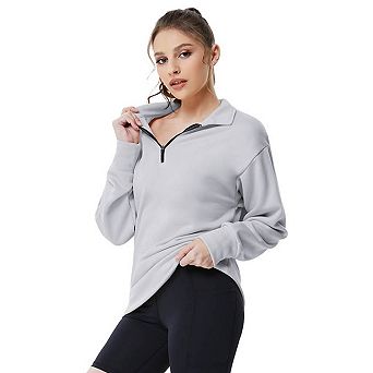 Blueming Women Long Sleeve Half Zip Stand Collar Casual Loose Fit Tops