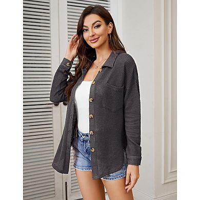 Blueming Women's Top Long Sleeve Lapel Button Front Loose Casual Knit Cardigan Top
