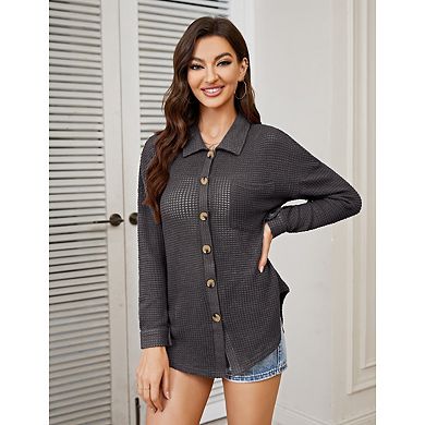Blueming Women's Top Long Sleeve Lapel Button Front Loose Casual Knit Cardigan Top