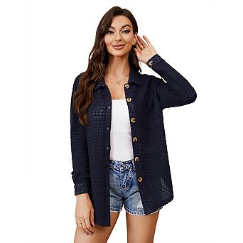 Blueming Women's Top Long Sleeve Lapel Button Front Loose Casual Knit Cardigan Top