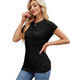 Blueming Women Short Sleeve Crew Neck Checkered Pocket Detail Slim Fit Tops