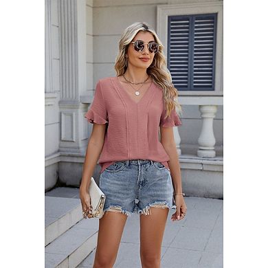 Blueming Women Short Sleeve V Neck Ruffle Sleeve Textured Loose Fit Tops