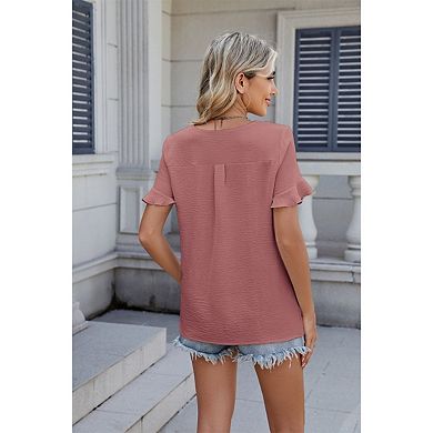 Blueming Women Short Sleeve V Neck Ruffle Sleeve Textured Loose Fit Tops