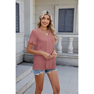 Blueming Women Short Sleeve V Neck Ruffle Sleeve Textured Loose Fit Tops