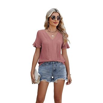 Blueming Women Short Sleeve V Neck Ruffle Sleeve Textured Loose Fit Tops
