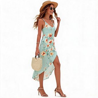 Women's V Neck Spaghetti Strap Cross Back Floral Print Wrap High Low Midi Dress