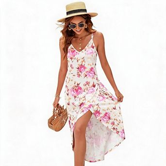 Women's V Neck Spaghetti Strap Cross Back Floral Print Wrap High Low Midi Dress