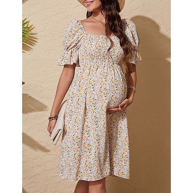 Maternity Ditsy Floral Square Neck Puff Sleeve Midi Dress