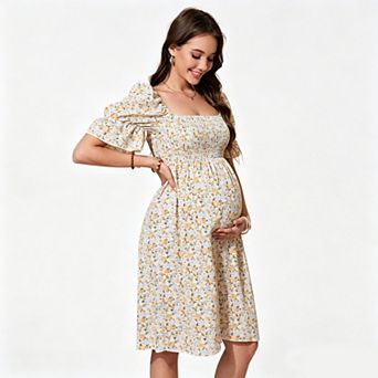 Maternity Ditsy Floral Square Neck Puff Sleeve Midi Dress