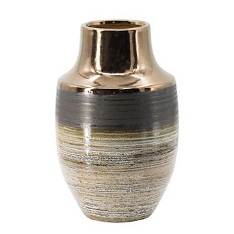 HomeRoots 11" Brown And Bronze Striped Ceramic Round Table Vase