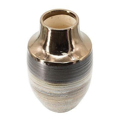 HomeRoots 11" Brown And Bronze Striped Ceramic Round Table Vase
